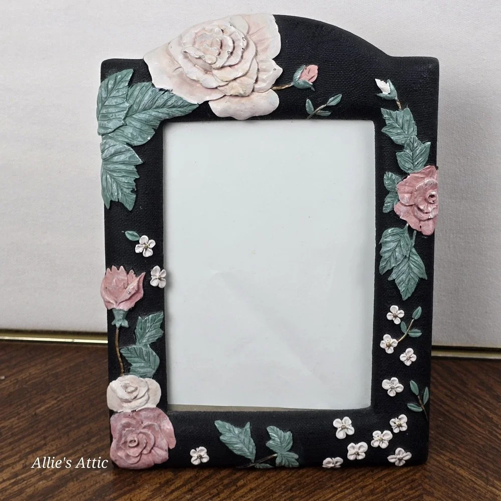 Vintage Black Floral Picture Frame Pink Roses White Flowers Floral Resin 5x7